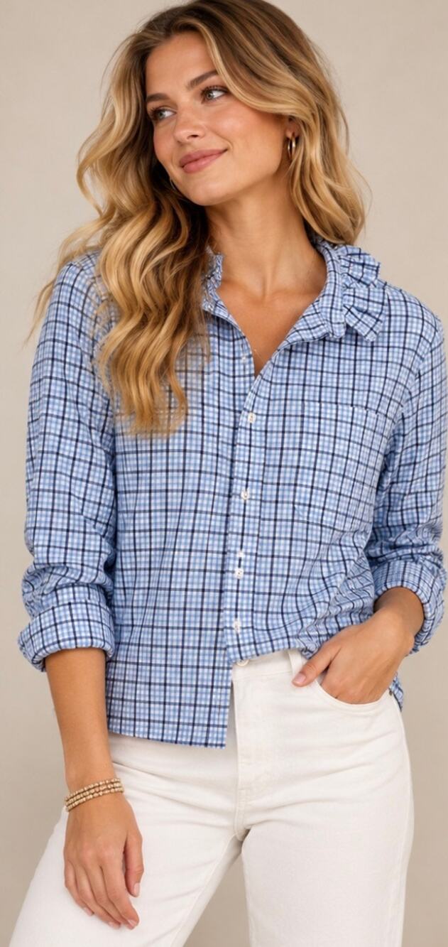 Upcycled Vineyard Vines Blue Plaid Ruffle Collar Reworked Shirt Small OOAK